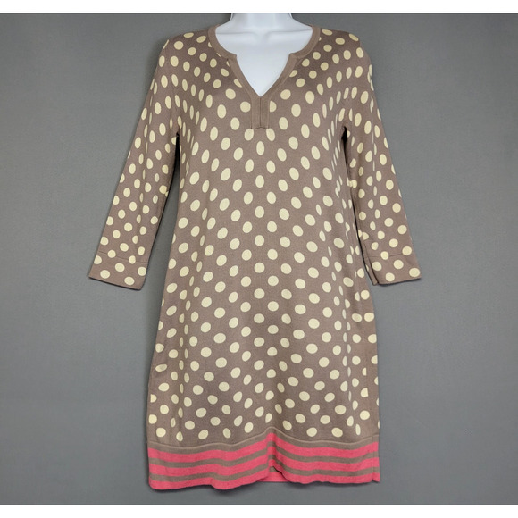 Boden Shift Knit Sweater Dress Womens 4 Polka Dots Taupe Ivory Stretches V-Neck - Picture 1 of 15